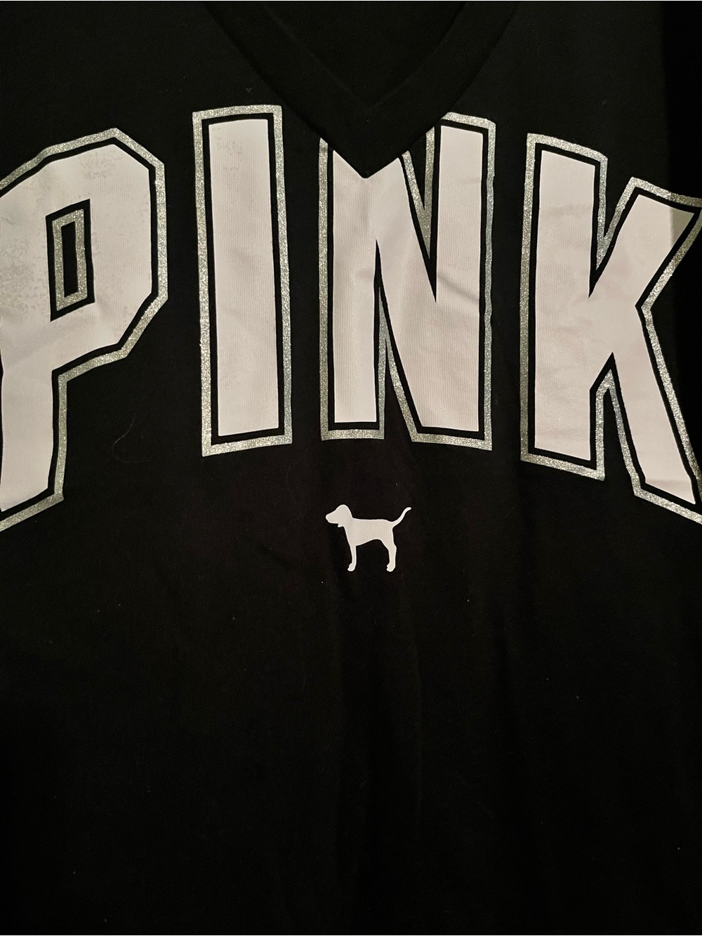 PINK Victoria's Secret Black V neck Tee with Sparkly outlined letters